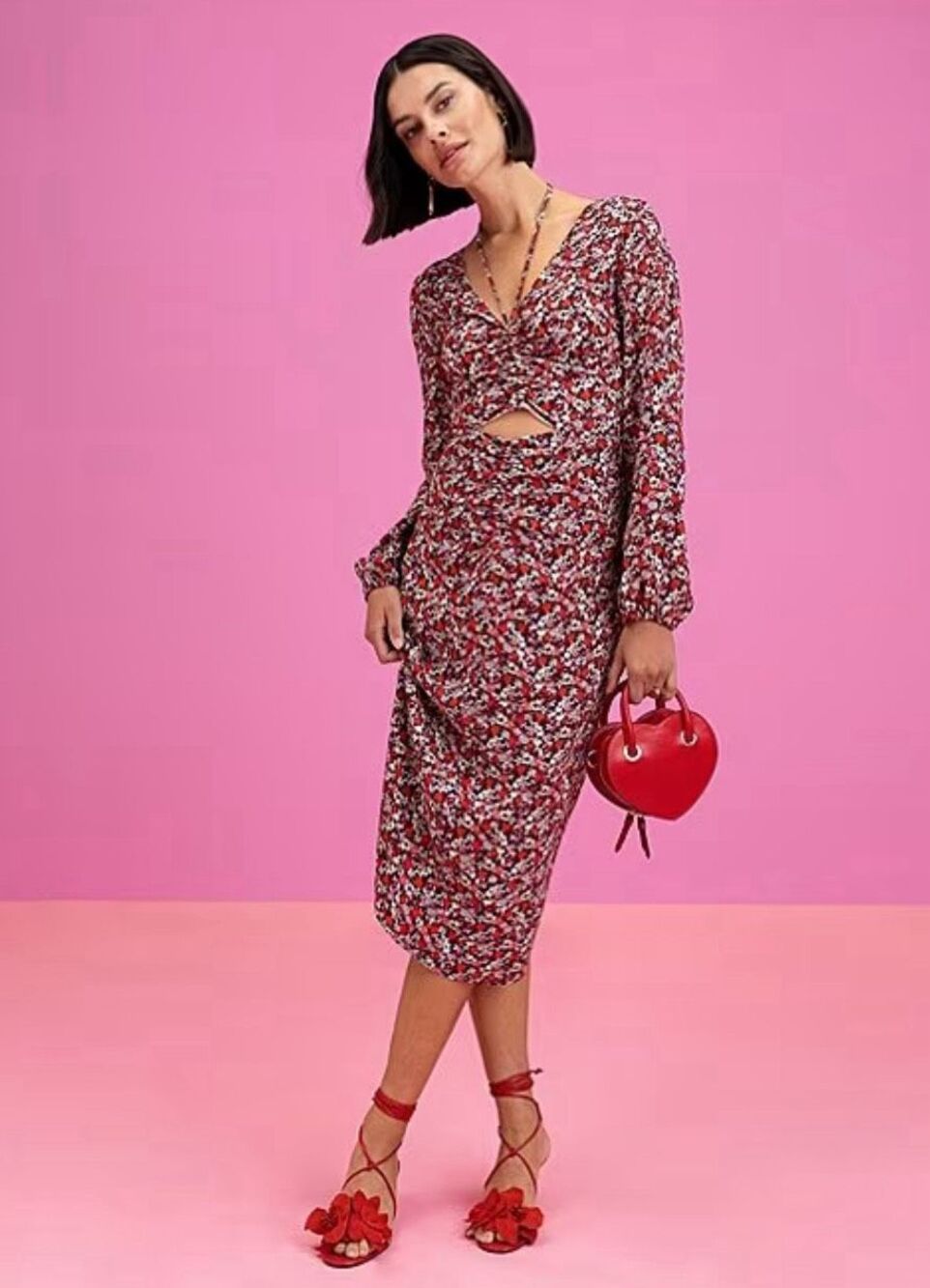 New Floral Print Chiffon Halter Neck Long Sleeve Front Cut-Out Midi Dress